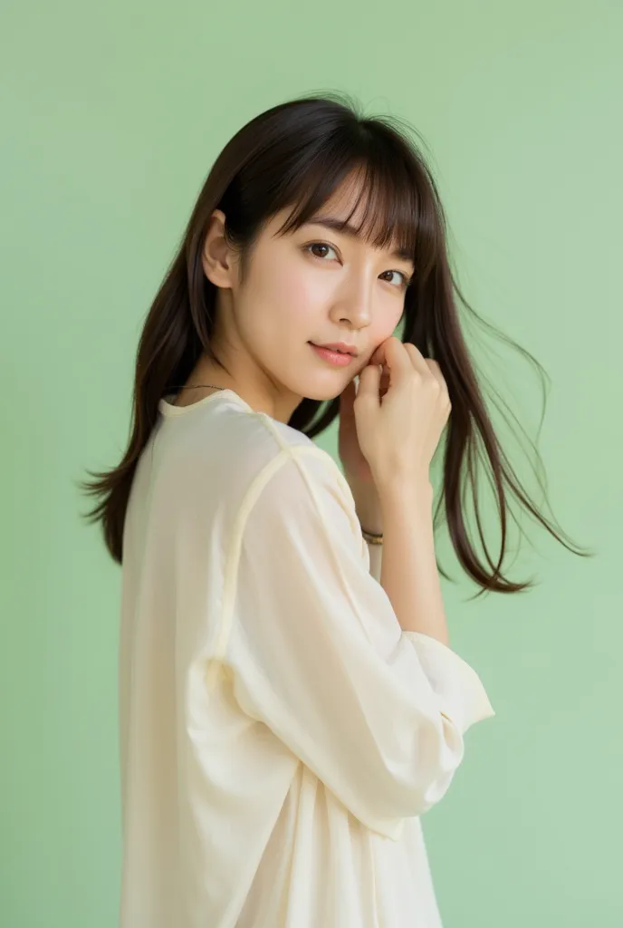 a serene and intimate portrait of a asian woman with bangs standing against a soft, pastel green background. Her expression is gentle and warm. She is trying her hair with her both hands, flows delicately in the breeze, adding a sense of movement and natur...