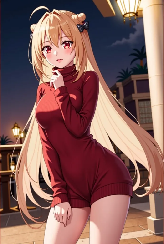 Blonde. Red eyes, long sleeve dress, turtleneck, thicc, curv, long hair. Hair design has 2 horn buns thingy 