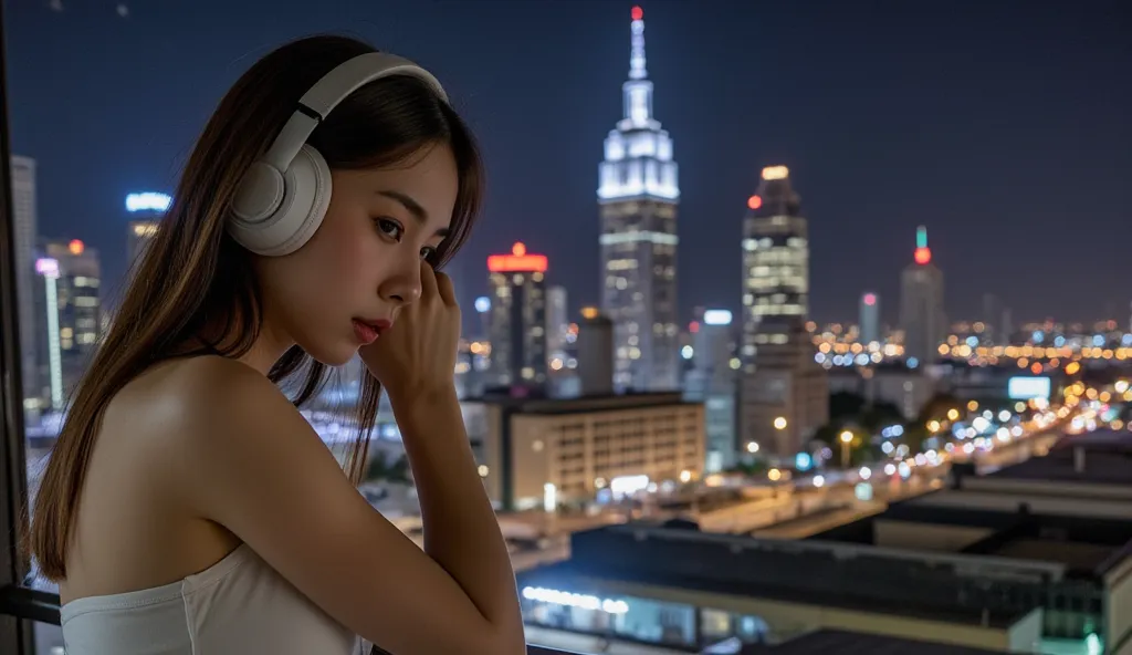 masterpiece, Best Quality, ultra-detailed, 16K resolutions, raw photo, 1girl, solo, beautiful hot Russian-Asia super model, 25 years old, 165cm tall, headphone, sharp-focus, wearing white pencil dress, dynamic pose, look at city light, at rooftop, light ni...