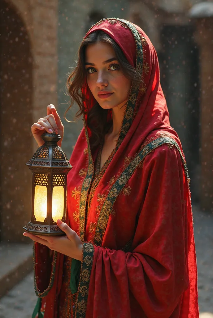 A young woman wearing a Moroccan flag abaya holding a lantern 