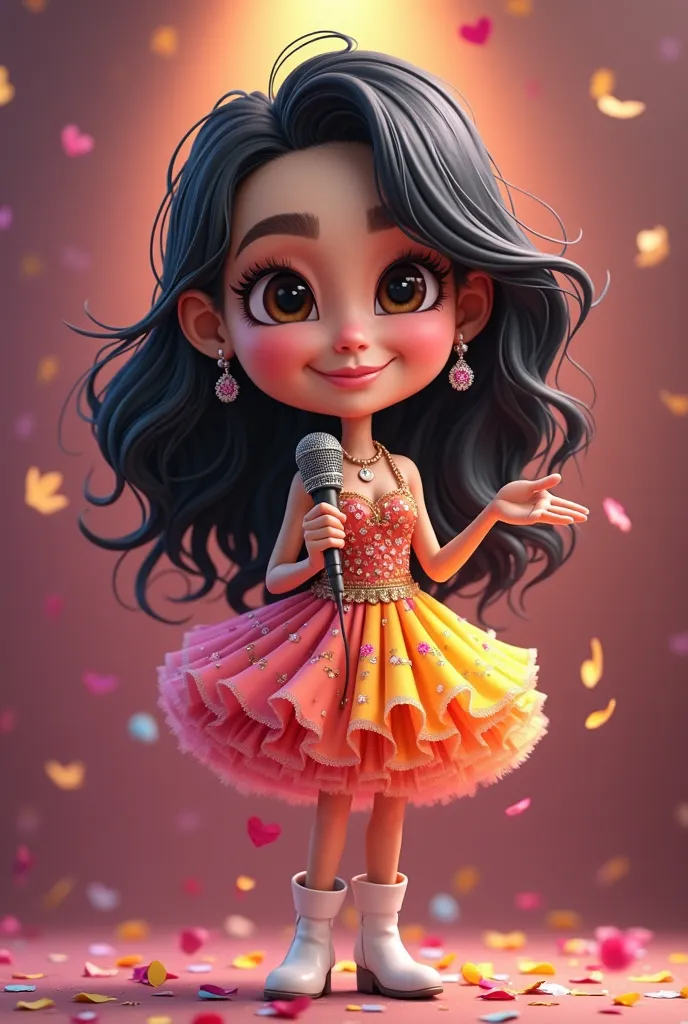 Una caricatura de una ánimado de fiesta de cumpleaños  with your microphone con un vestido colorido y pomposo,with black hair with a tail and a half cut of hair,  big dark brown eyes  , thin, smiling, with your microphone, Tés Trigueña Clara with white ank...