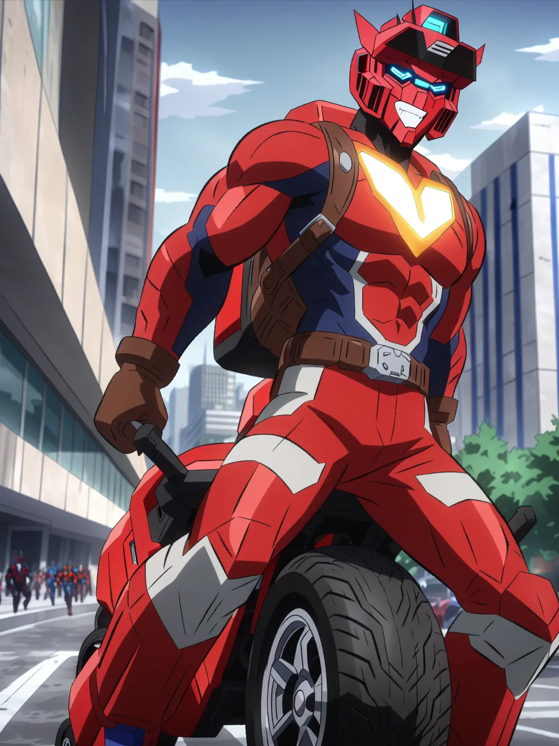 (masterpiece, best quality, anime, anime coloring:1.3, superhigh res, superdetailed). (((MHA Transformers themed pro hero OC, muscular, wearing humanoid red motorcycle-like hero suit, male, 25-years-old adult. His suit has bike headlights on the chest, has...