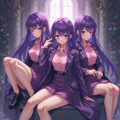 anime style, 3women, purple long hair, purple eyes, pink shirts, purple coats, purple skirts, black shoes