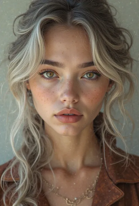 20-year-old woman with wavy silver hair,  honey-colored eyes  , Brown Leather ,Beautiful full lips