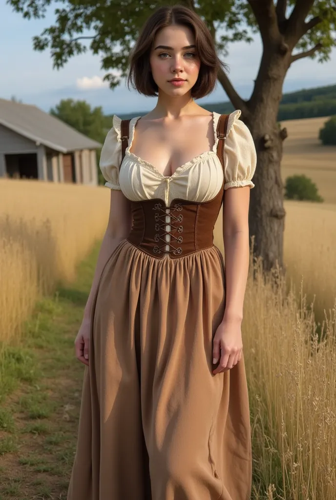 standing woman , short hair , voluptuous body, big breasts, Clothes: brown and white farmer's dress , beautiful , happy,  precious , coquette, stage: Farm with a tree and a house , ancient times.