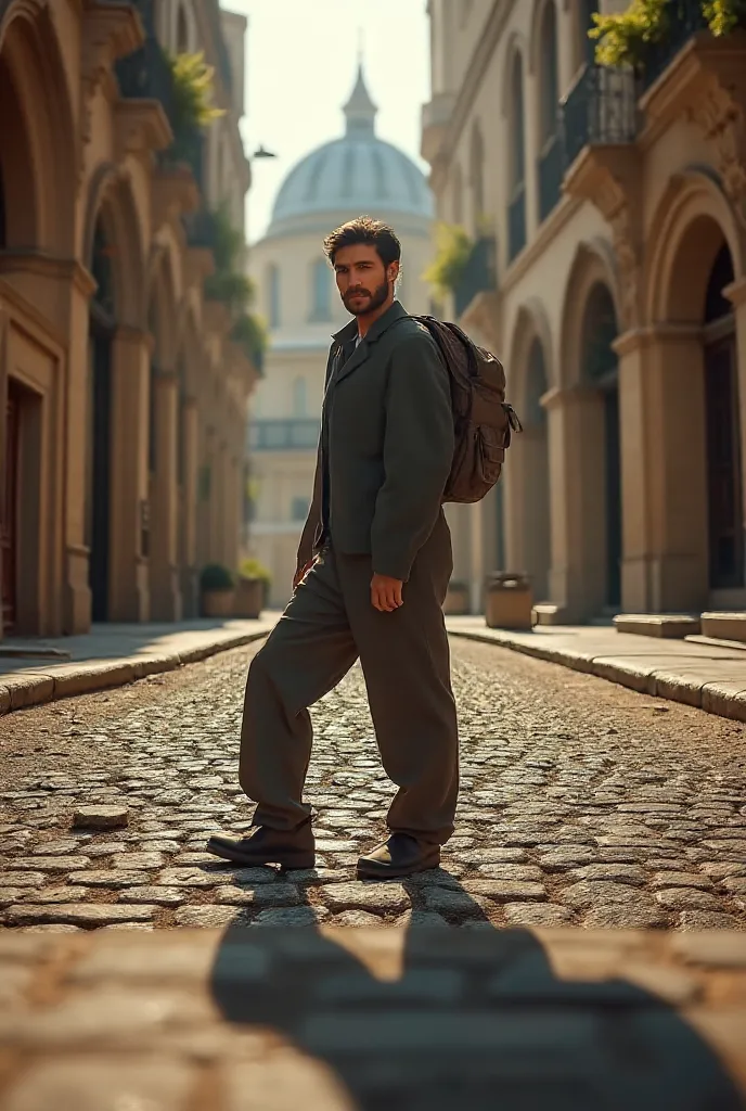 Take this video frame of a minute where this man is walking in an ancient city