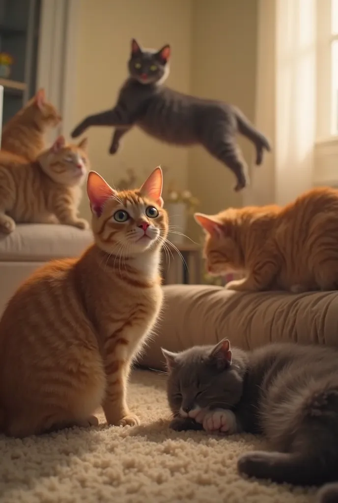 An adorable 15-second video showing several cats playing and interacting in a cozy environment. Some cats are jumping on furniture, while others are chasing toys or curling up to take a nap.  The scene is illuminated by a soft and warm light ,  creating a ...