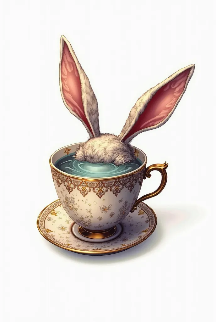  a logo for an event that is in Alice in Wonderland, Let it be a hat in the shape of a tea cup with rabbit ears on a white background 