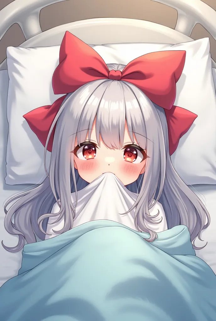 An anime-style illustration of a young woman with long, silver hair, fully swaddled in a soft hospital blanket up to her neck with only her head exposed. A big, neatly tied red bow is placed on her head. Her eyes are half-lidded and dazed, looking adorable...