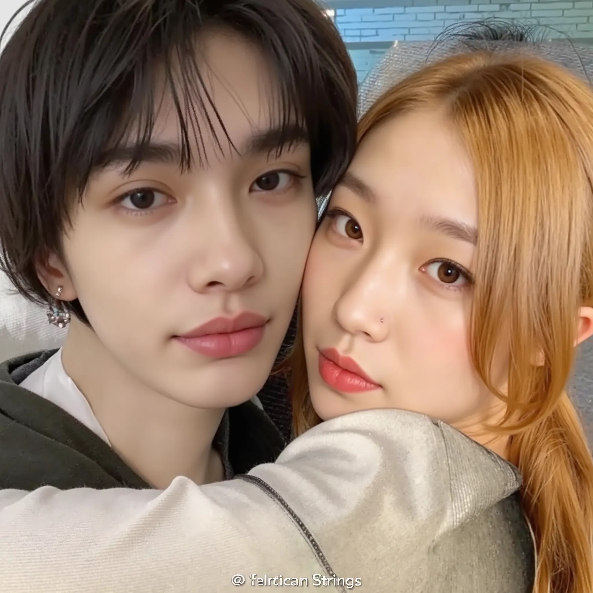 On the left Hyunjin from Stray S and on the right Young Attractive Sexy Russian Woman,  18 years old,  cute baby face , blue eyes, (panties, small, tight denim shorts:1.2), Big breasts,  light blond hair , long hair, earrings, ( Sitting on a bench on the p...