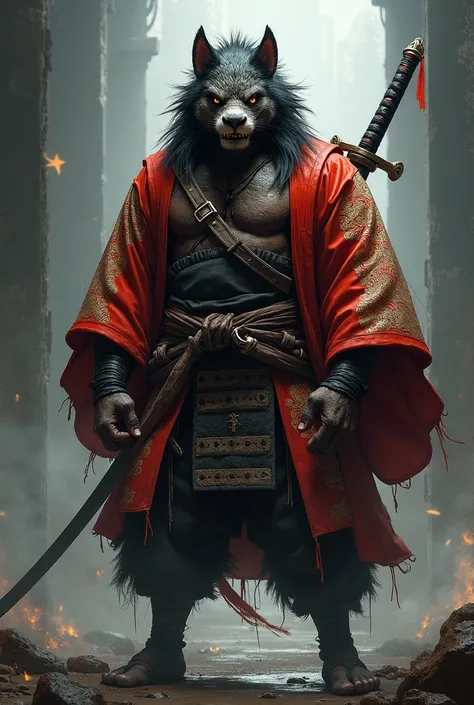 Cool tiger beastman　Samurai wearing a kimono　 Strong Man Style　I'm putting my hand on the sword stuck in my side　Looking at me with a flush of eyes