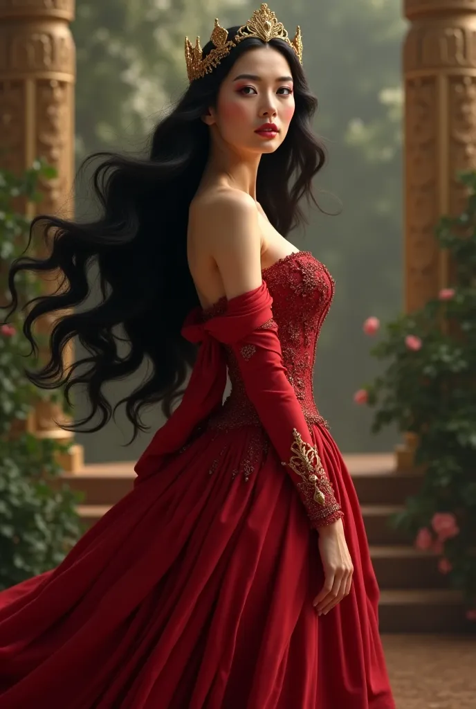 A queen with long wavy black hair and red dress 