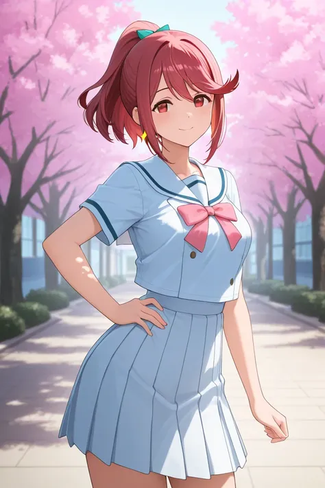 Pyra, sexy, as an anime high girl with hair in a ponytail 