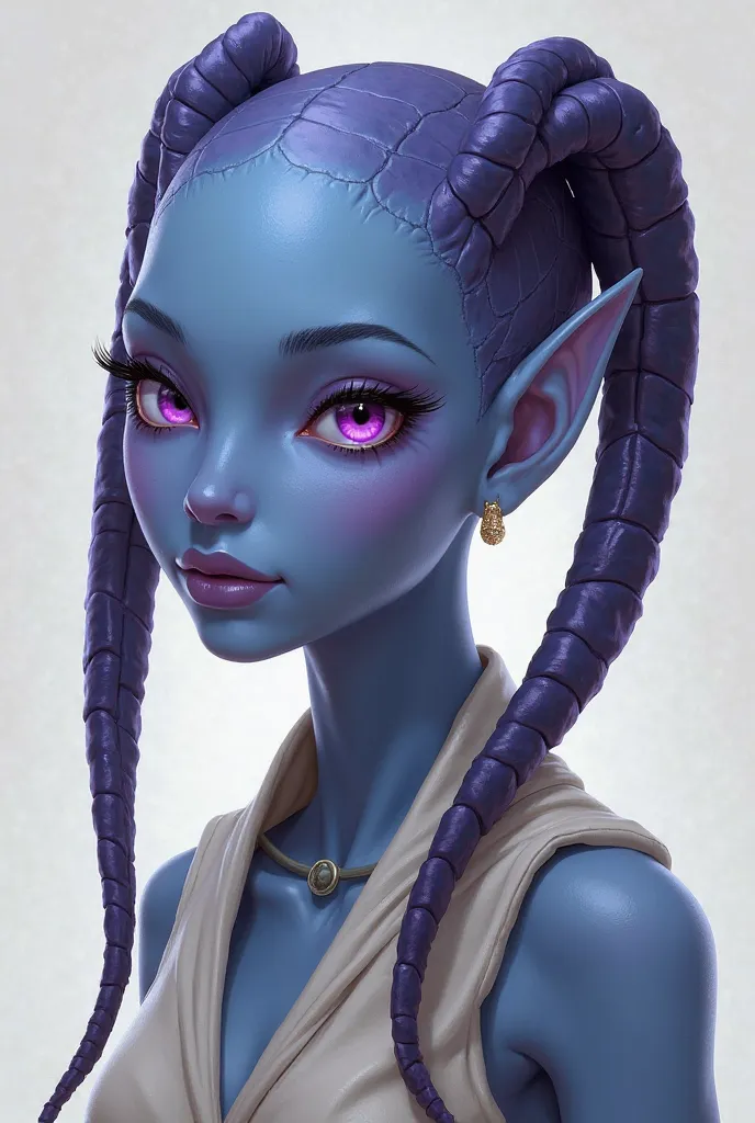 Naia is a  Twi'lek girl with striking features that highlight her unique heritage. She has smooth, light blue skin that contrasts beautifully with her vibrant, violet eyes, which are expressive and full of quiet strength. Her face is delicate, with soft, y...