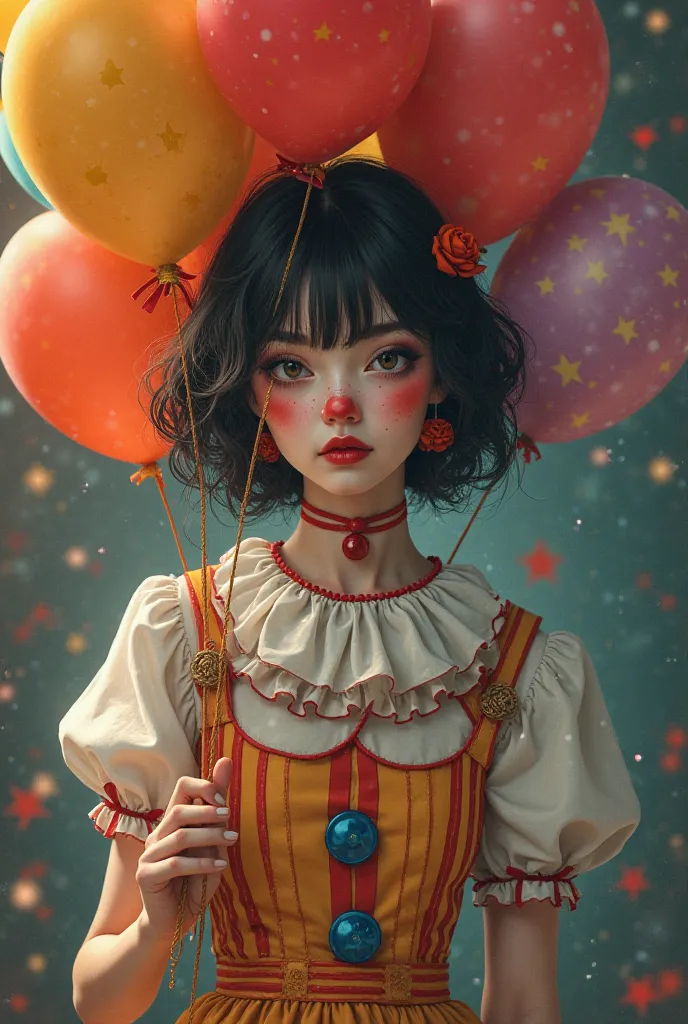 Make a girl with short wavy black hair with bangs dressed as a circus clown holding balloons 