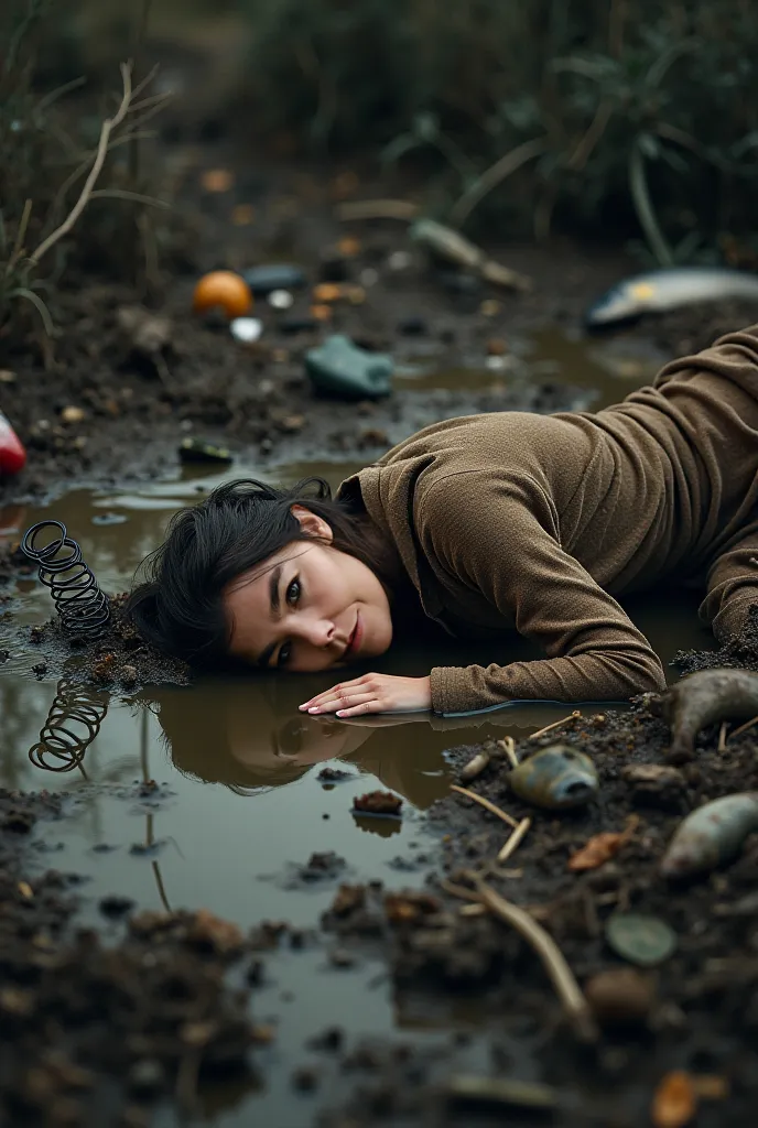 Make her lie in a mud puddle with Icelandic salmon and that she is holding a spring surrounded by garbage and that her clothes are worn out, old and filthy. 