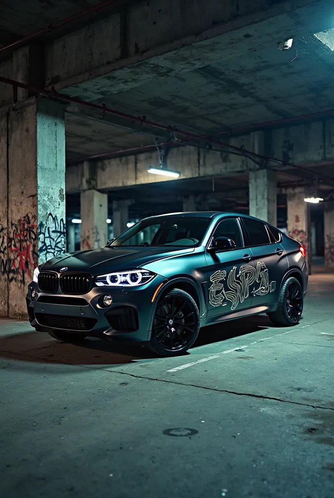 BMW x6 at night in a parking lot with graffiti on the car that says Espi