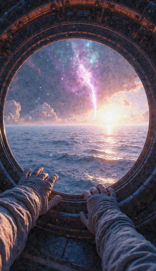 Create an ultra-realistic first-person POV scene of an astronaut inside a spacecraft landed on a planet entirely covered by water. Through the round window of the ship, the astronaut gazes at an infinite, calm ocean, with gentle waves reflecting the light ...