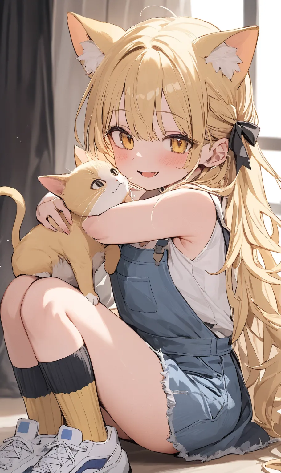 ((masterpiece, best quality)),Hololive、 1 girl 、 girl、Petite、 small tits、is young、cute、 cute、light yellow hair, long hair,  Half Twin、yellow eyes、Yellow cat ears、t-shirt、sleeveless denim jumpsuit、Lala skirt that goes up to the knee、white big coat、smile、lon...