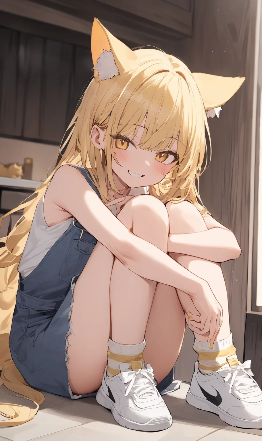 ((masterpiece, best quality)),Hololive、 1 girl 、 girl、Petite、 small tits、is young、cute、 cute、light yellow hair, long hair,  Half Twin、yellow eyes、Yellow cat ears、t-shirt、sleeveless denim jumpsuit、Lala skirt that goes up to the knee、white big coat、smile、lon...