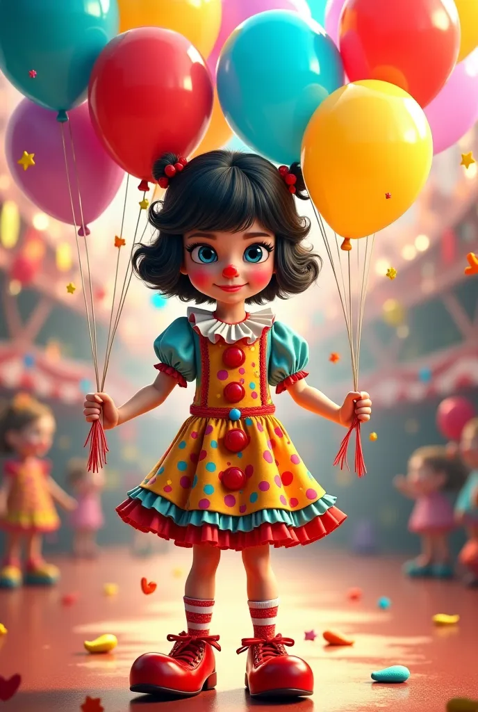 Animate a girl with short wavy black hair with bangs dressed as a circus clown holding balloons 