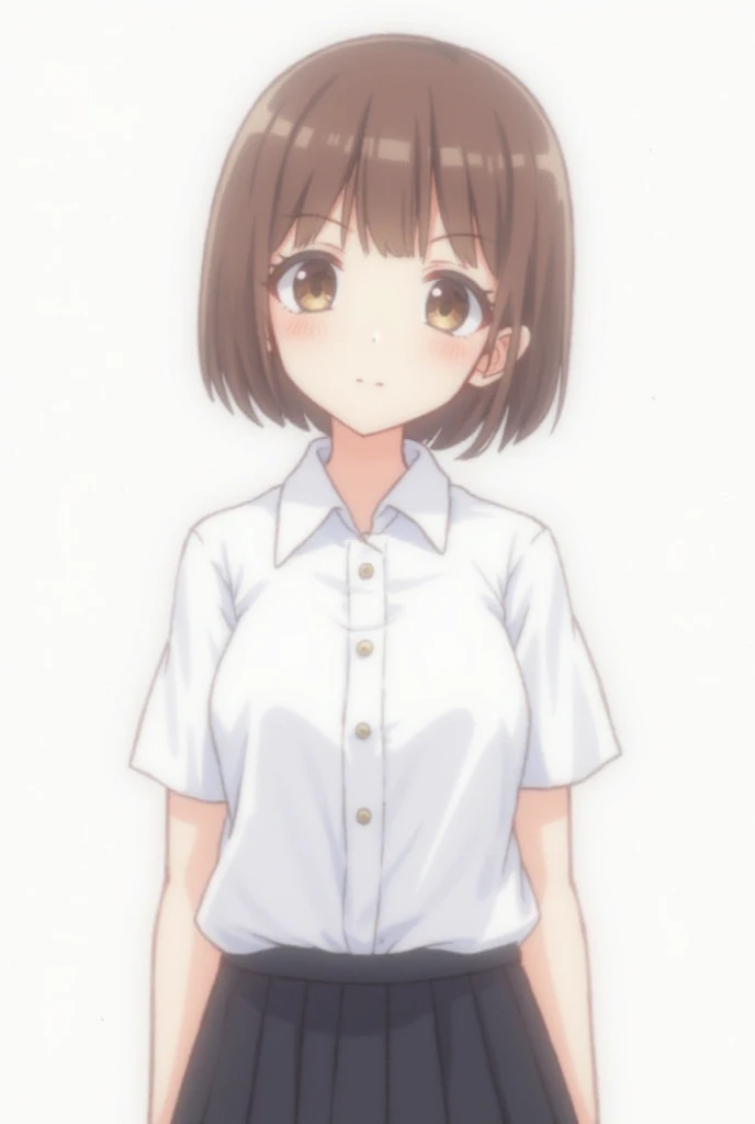 ((best quality)), woman, girl, ager, age girl, solo, school uniform, white clothing, oversized white shirt with buttons, short sleeves, fully unbuttoned shirt, black skirt, exposed torso,    tucked in, short sleeves, facing front, torso front, looking at t...