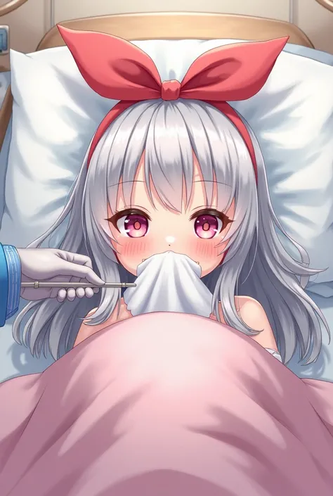 An anime-style illustration of a young woman with long, silver hair, fully swaddled in a soft hospital blanket up to her neck with only her head exposed. A big, neatly tied red bow is placed on her head. Her eyes are half-lidded and dazed, looking adorable...