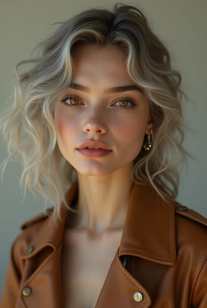 20-year-old woman with curly silver hair ,  honey-colored eyes  , Brown Leather 