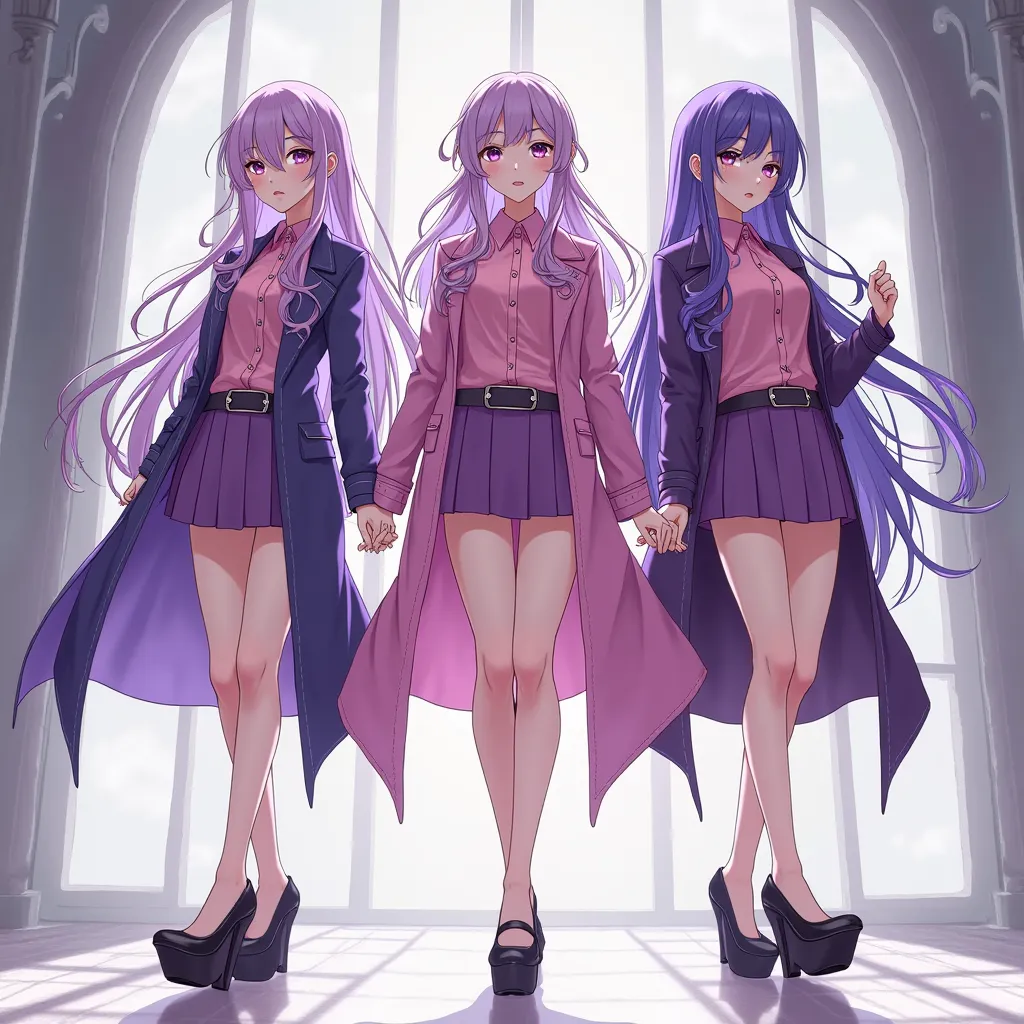 anime style, 3women, full body, standing, bare legs, light skin, purple long hair, purple eyes, pink shirts, purple coats, purple skirts, black platform shoes