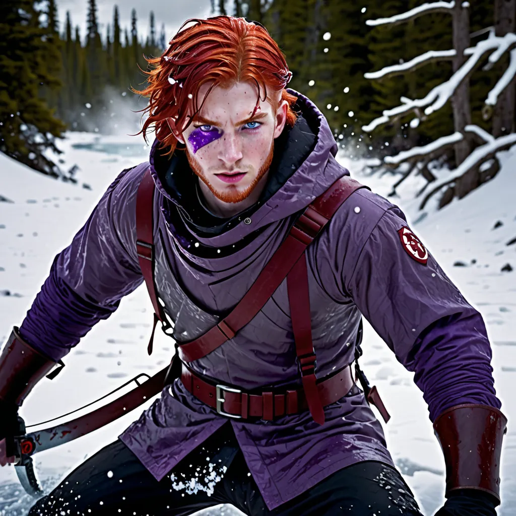 real image (Realistic); man, Young, age 24,  red hair,  medium hair,  white skin, Violet Eyes. Survival clothes.
Man wears powers; blood powers,manipulate blood, RED WATER to control blood, bloodbending.

Snow scenarios behind him.