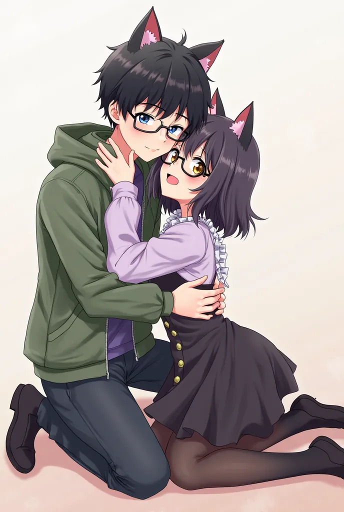 The image features an anime style drawing of a couple of 2 embracing on the floor. The young man on the left has black hair with cat ears wearing a green jacket, black hair, cat ears, blue eyes, hood, pants and his expression is gentle and serene.

The you...