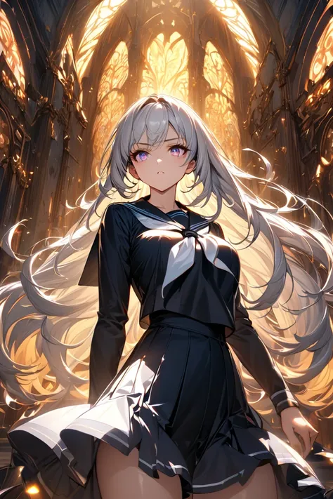 Very long wavy hair,  silver hair, big breasts, Black Sailor Suit、battle、Highest quality, ultra high definition,  Thin Thighs 、absolute area、