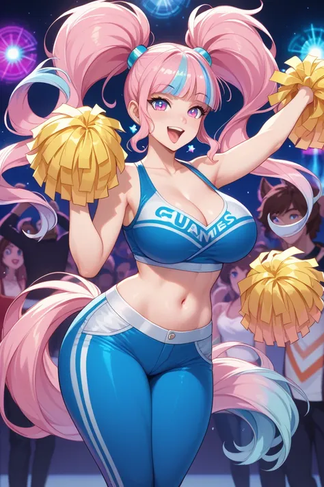  Hair　twin tails from above　cheerleader　miniskirt　Highly Exposed　pants are visible　 surrounded by guys　 popup　Big Breasts　brainwashing　Mind Control