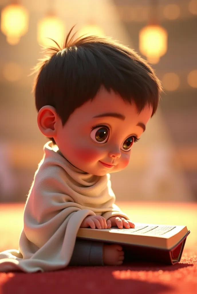 A toddler with big innocent eyes, wrapped in a soft white shawl, sitting close to the Kaaba, his tiny fingers tracing the Arabic verses of the Quran. The atmosphere is peaceful with warm lighting and a Pixar-style soft glow.