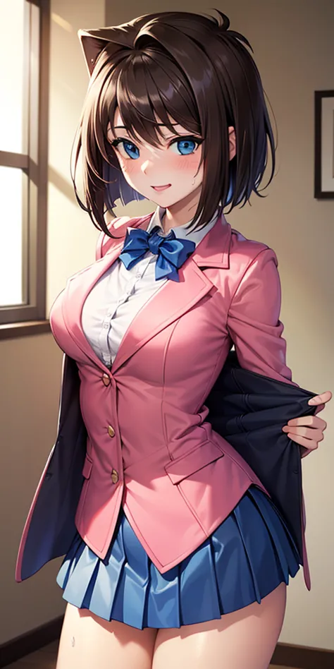      1 female, high definition,dementia,          ultra-realistic          ,8K, aamazaki, ( capillary antenna    :1.2), blue eyes, blue,      pink jacket, blazer,  Long Sleeve Leather, blue skirt ,      Skinny skirt     ,     mini fold,     pleated skirt  ...