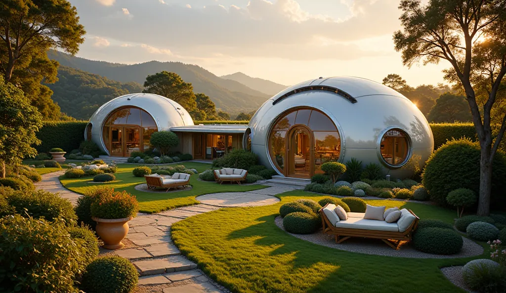 A breathtakingly serene retro-futuristic eco-village nestled in lush greenery, featuring beautifully designed geodesic dome homes with a blend of mid-century aesthetics and advanced technology. The domes are constructed with curved glass and sleek metal pa...