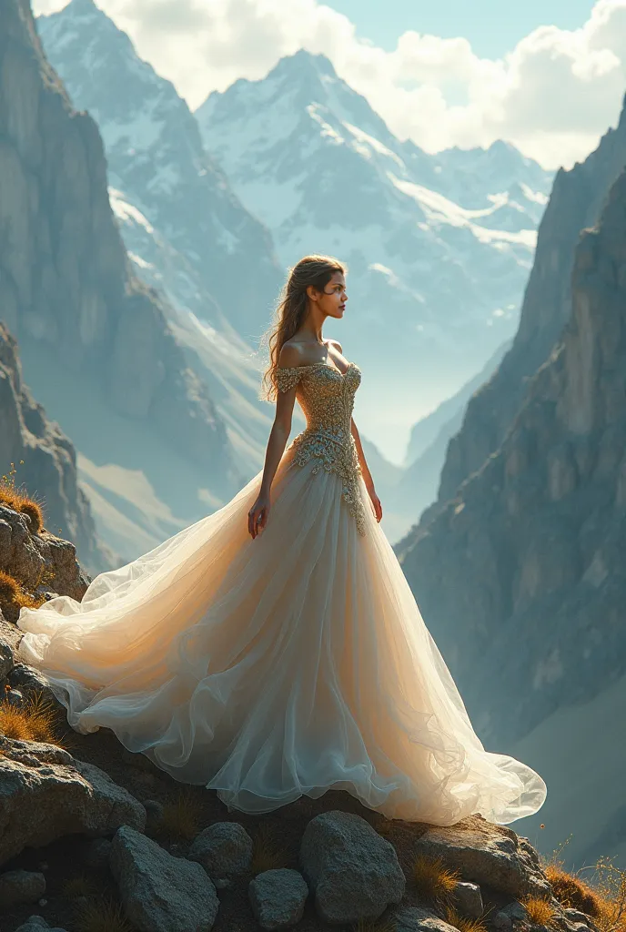 Stand in mountain background, in a princess dress