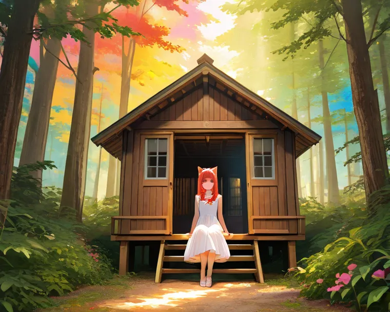 years old, girl, red hair, cat ears , dress、under a wood