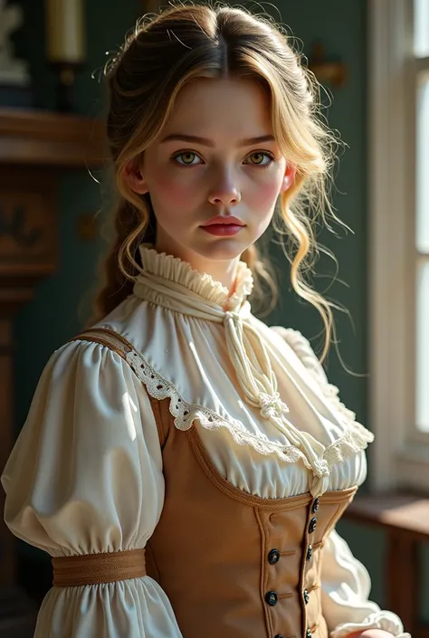  with dark blonde hair, coffee eyes, and dressed like British girls in 1800s, 