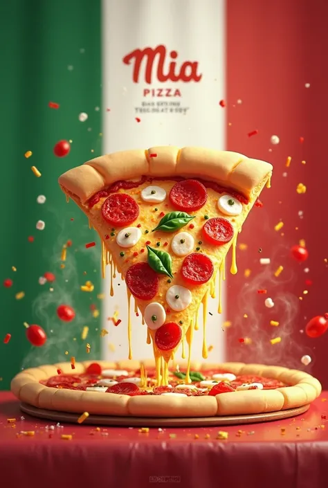 A pizza advertisement with the name of Mia Pizza and place the colors of Italy in the background with an animated pizza slice and a slogan that says each serving tells a story 