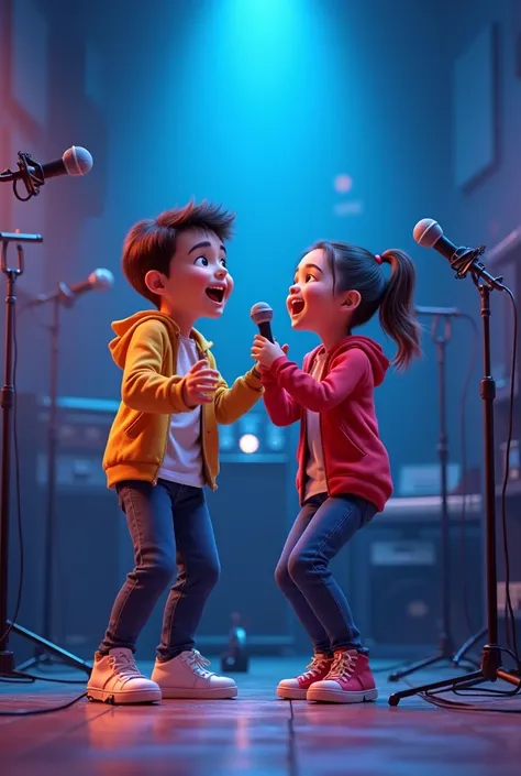 Avatar boy and girl in 3D singing in a recording studio with blue lights scene of joy jumping 