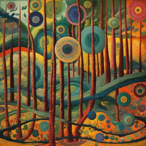 Abstract art, harmonious green tones, leaves, blue marbling, intricate colorful patterns, mesmerizing circular shapes, a beautiful and captivating landscape, chaotic yet balanced ink strokes, organic fusion with the world, all circles emitting an enchantin...