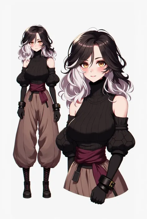 A beautiful anime-style woman with mixed hair - white locks and black locks - she wears a sleeveless black turtleneck top,a beautiful brown puffy wide cause,has a burgundy ribbon tied around the waist,firm and detailed black boots and finally, long gloves ...