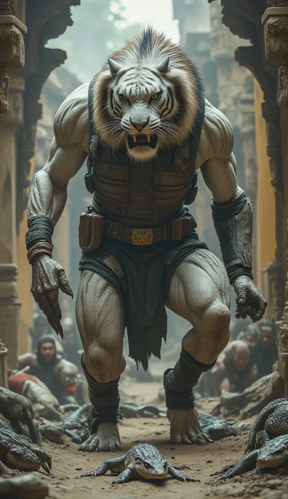 "an enormous humanoid creature similar to a muscular white tiger, the costume with a fierce expression, riding his crocodiles. The tiger wears a black tactical vest, reinforced with a military appearance. The final plan shows traditional Coréenne architect...