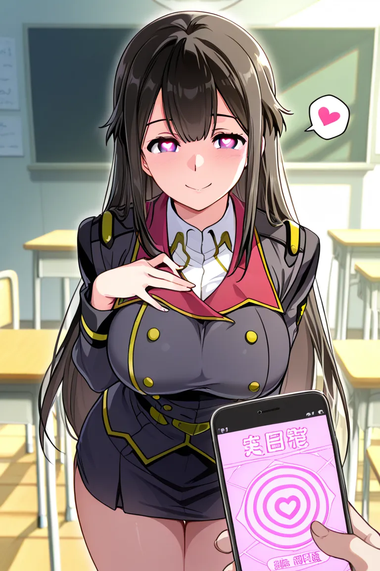 ( masterpiece),  top quality,   ,  perfect face,Hina Ryazan, Big Breasts, classroom, Mind Control,hypnotism,uniform, miniskirt,, please take it off,BEST SLEEP ,heart-shaped pupils,   sexually aroused   ,smile, ,spoken heart,heart, Eye Symbol , phone , sexy...