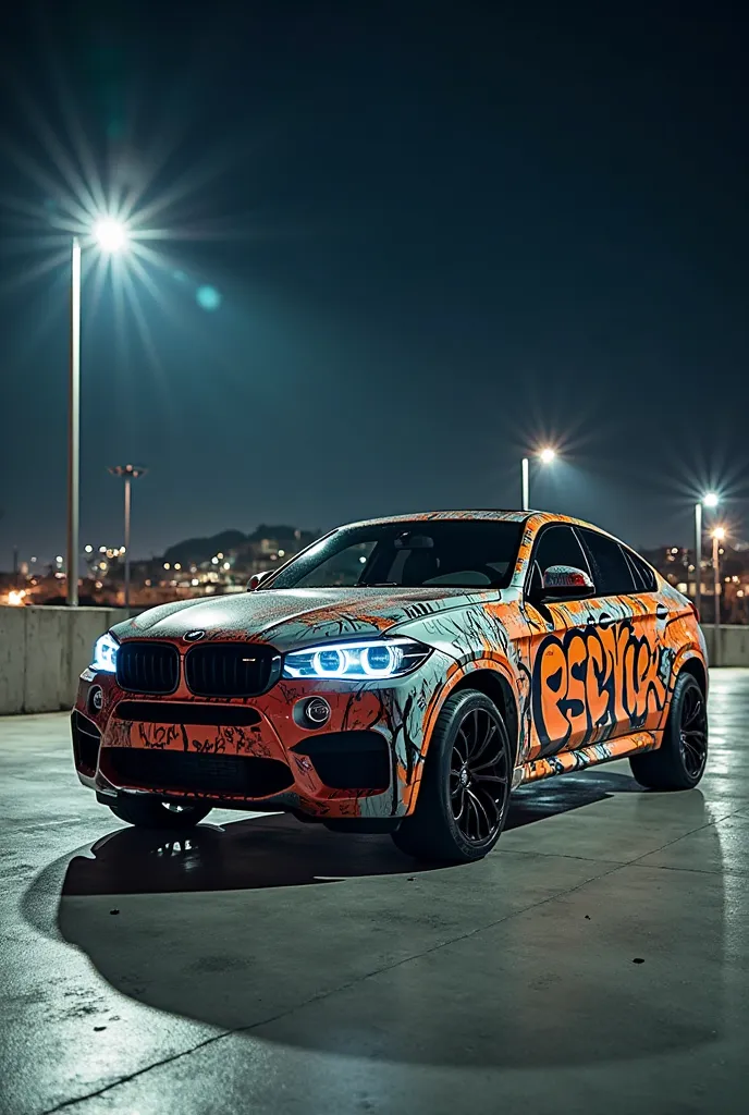 A BMW x6 at night in a parking lot with graffiti on the car that says Espi