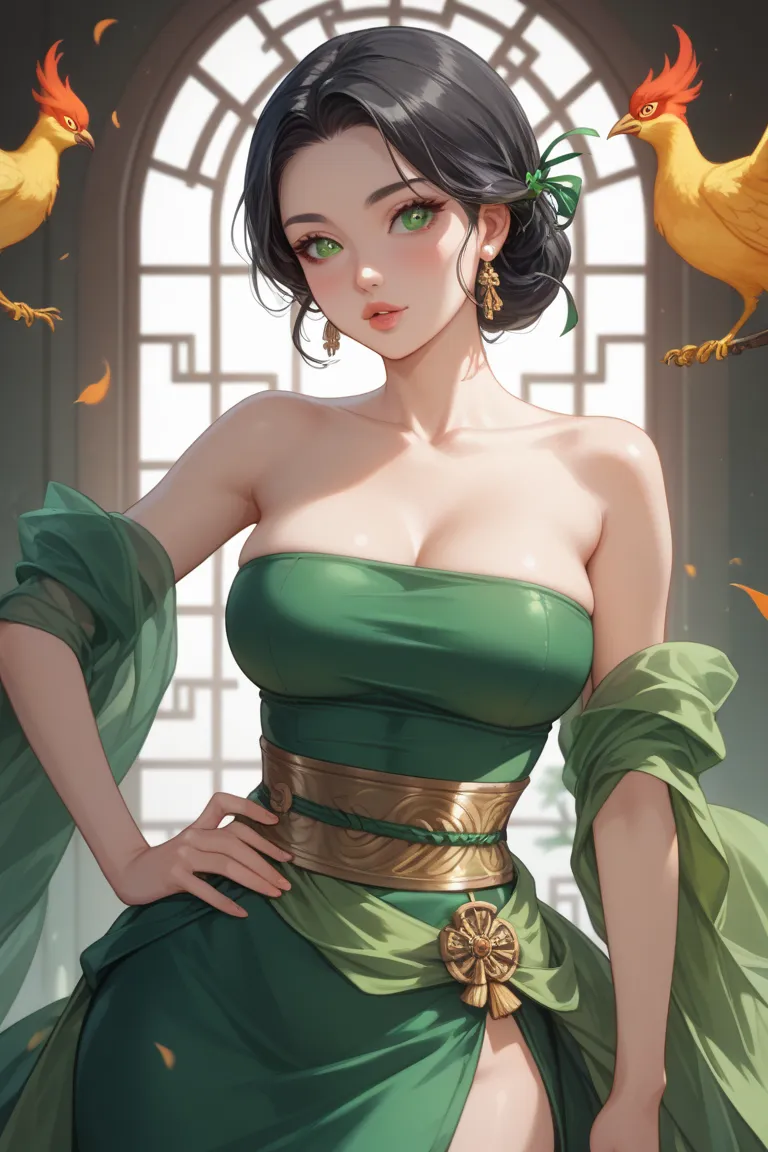 A graceful 24-year-old heroine, elegant yet valiant, round face with phoenix eyes, distant mountain-like eyebrows, resolute gaze, soft lips, fair skin, long black hair flowing over shoulders, tall upright figure with B-cup breasts, slender reflective waist...