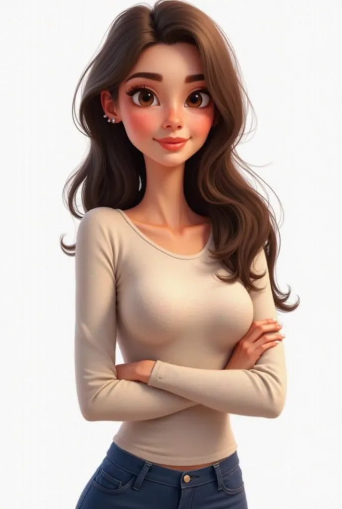 Pixar-like image cute woman looking 35 years old, With the
fair skin thin waist and wide hips and very long hair dark brown and thrown on the right side, thin and full face and sharp nose, smiling and well-shaped eyebrows and a striking light brown look,  ...