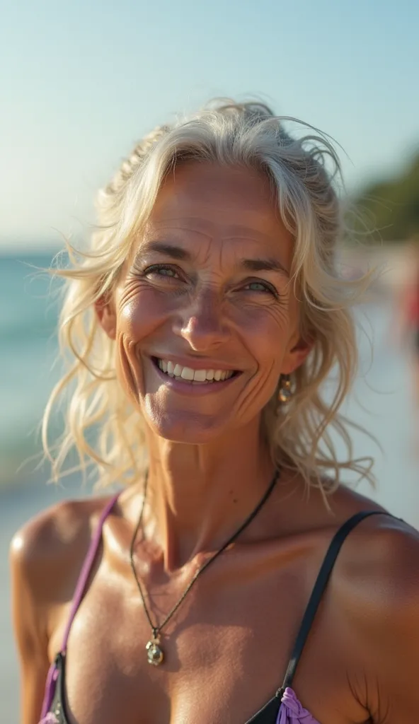 Beach Ubatuba   , 3 woman friends, 44 years old,  discreet smile ,  Bikini, Real photo,  high definition ,  perfect focus,  photo Canon T5 50 mm, real textures, Real photo, late afternoon, natural light,  high quality, same people in the photos,same smile,...