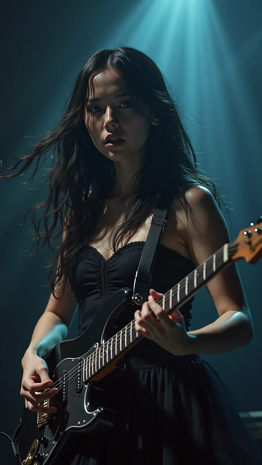  of the highest quality, masterpiece,Ultra high resolution,( Picture Real :1.4),a girl,Check out your audience,woman,long black hair，Live at the concert 、Electric Guitar， Delicate skin texture 